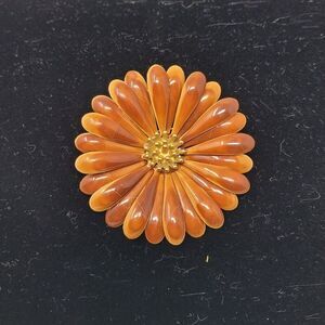 Vintage 60s‎ Brown Orange Enamel Flower Brooch Pin Mid-Century Mod Sunflower Lg